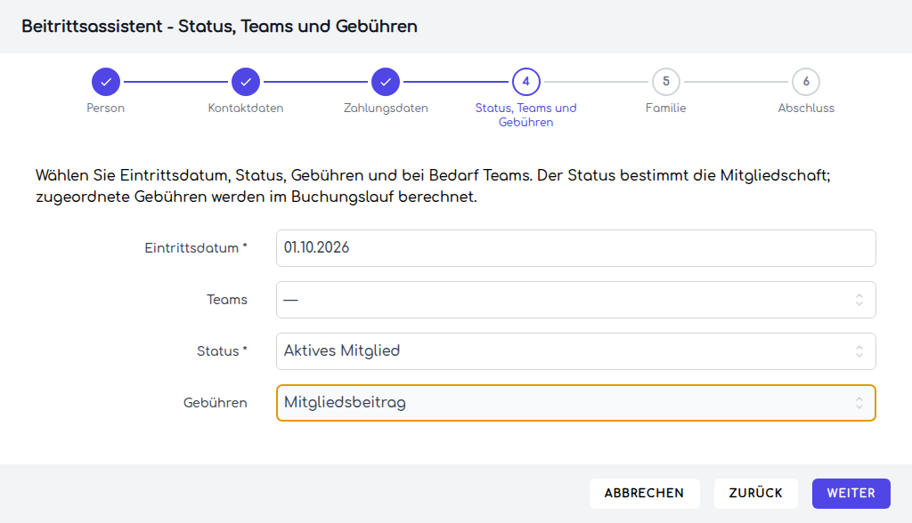 Der Schritt Status und Gebühren